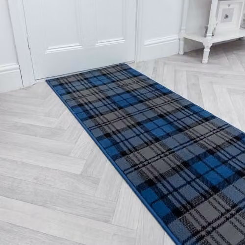 runrug Blue Tartan Hallway Runner Rug, W: 100 cm, L: 300 cm, Thickness: 9 mm