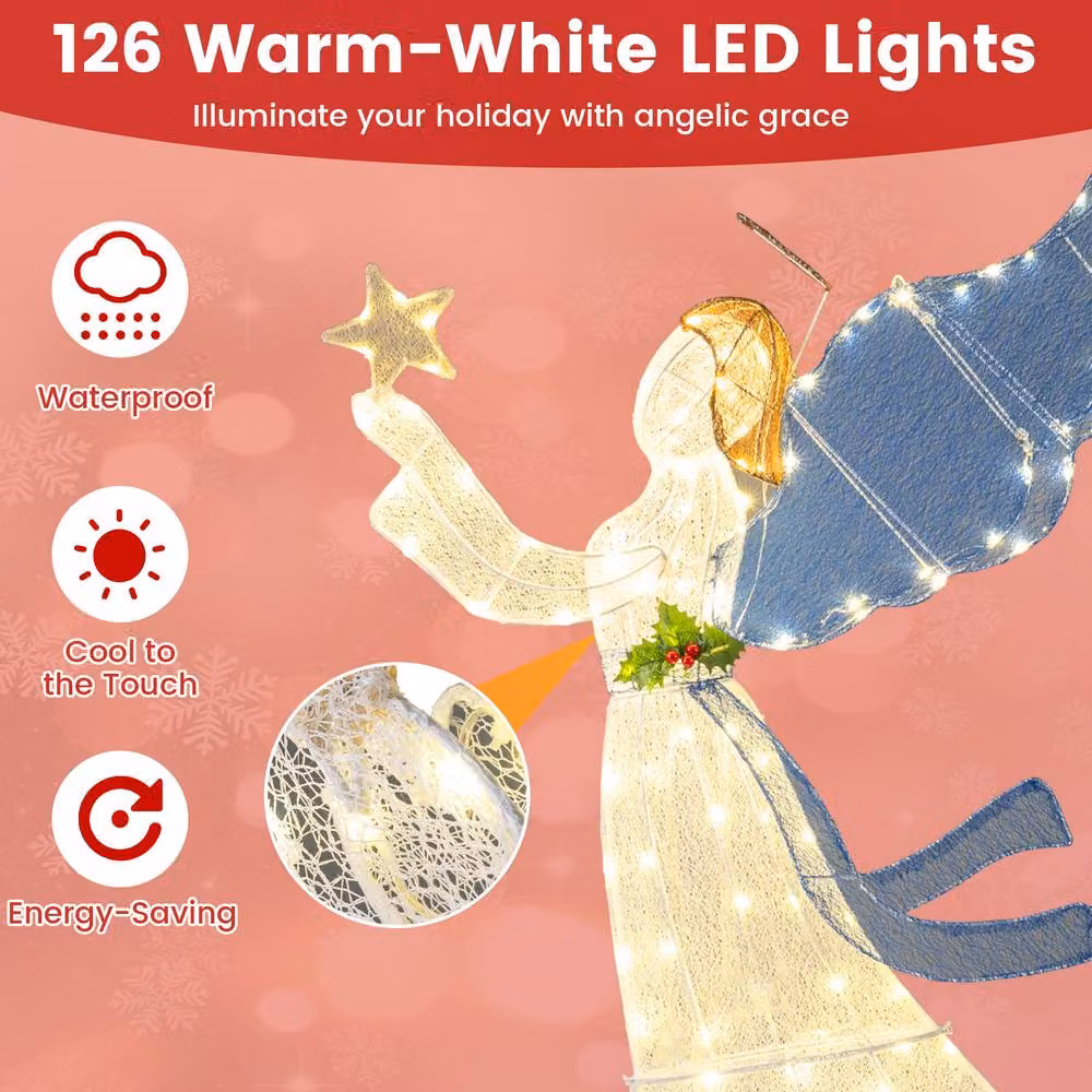 Costway 5FT 3D Glittered Christmas Angel Decoration with Wings and LED Lights in White and Multicolour, Height: 152.4 cm – 6