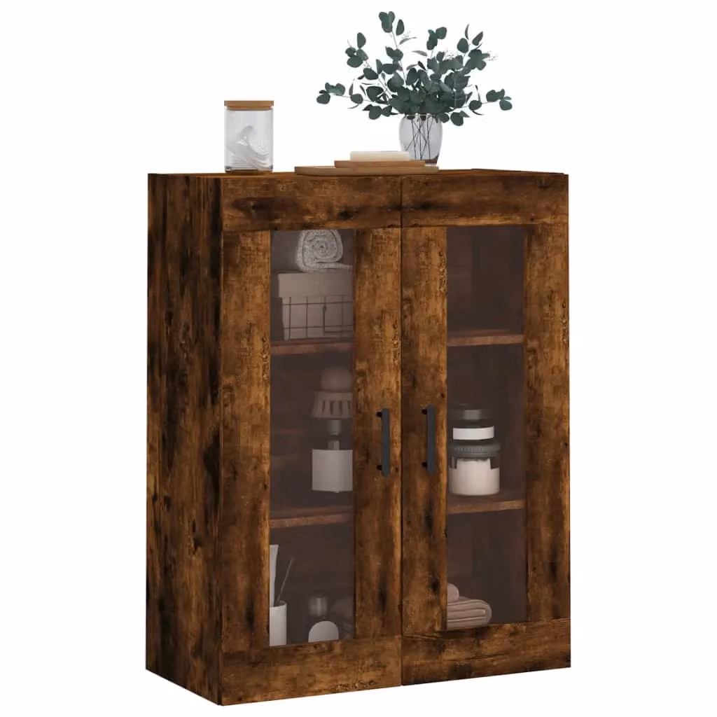 Berkfield Home Wall Mounted Smoked Oak Cabinet with Glass Doors in Brown, W: 69.5 cm, D: 34 cm, H: 90 cm – 4