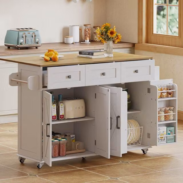 Aosom UK Kitchen Island Cart with 3 Drawers and Foldable Countertop, White and Natural, W: 70 cm, D: 43 cm, H: 90.5 cm