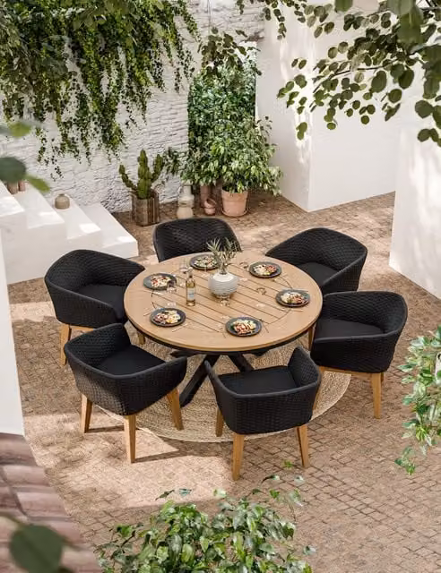 Royalcraft Tuscany 6 Seater Dining Set with Round Teak Wood Table and Matt Black Powder Coated Aluminium Chairs