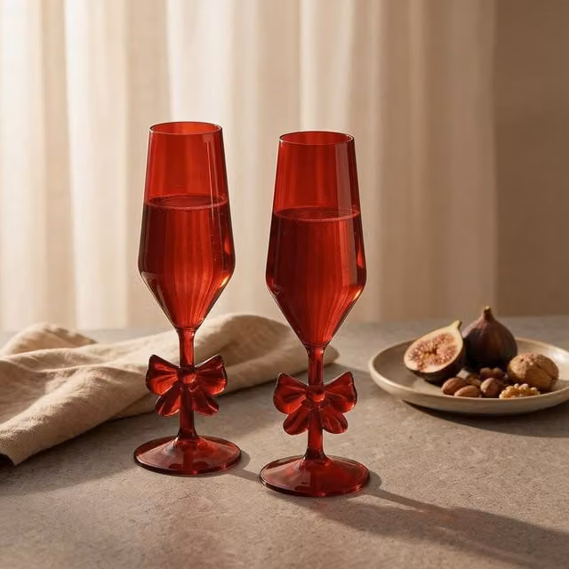 OHS Set of 2 Red Plastic Bow Shaped Champagne Flute Glasses