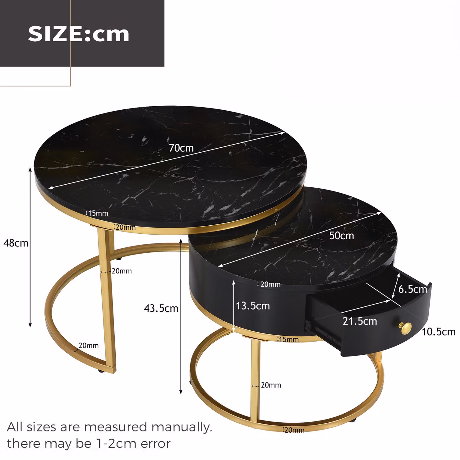 Aosom.UK Round Nesting Coffee Tables with Storage Drawer, Black Marble Top and Gold Metal Frame – 3