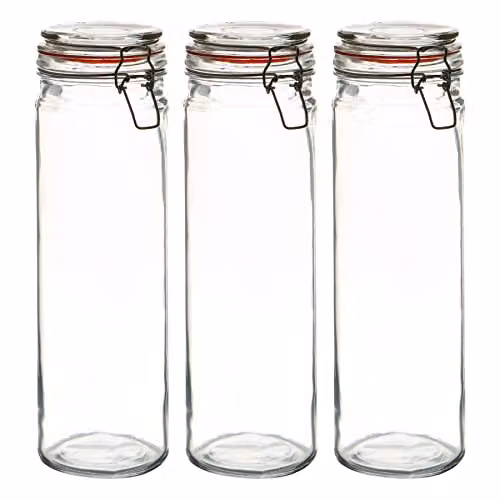 Argon Tableware Set of 3 Transparent Glass Spaghetti Jars with Airtight Stainless Steel Clip Lids and Silicone Seals, 2L