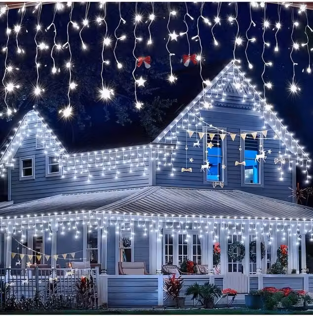 Living and Home Solar-Powered White LED Icicle String Lights with Remote Control and Dusk Sensor – 1