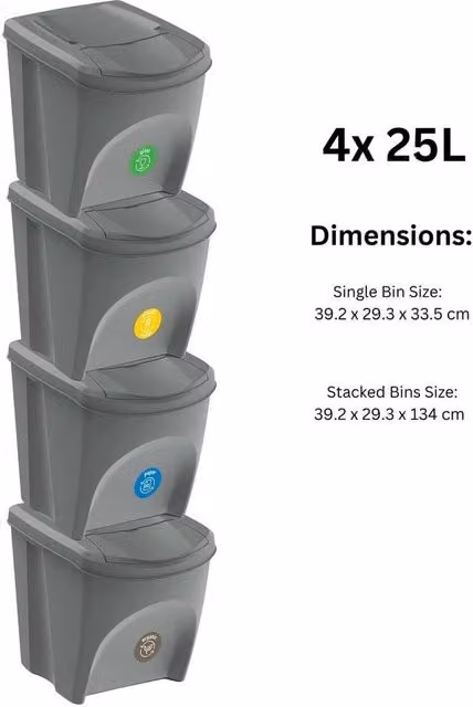 FLAVORA Stackable Grey Plastic Bins with Flip Lids, 4 x 25L