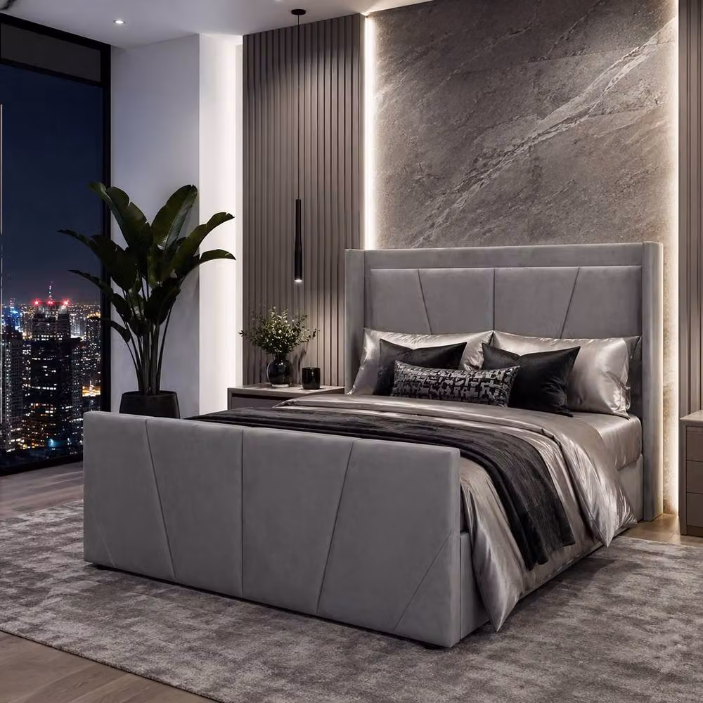Harmin Sunshine Grey Plush Velvet Ottoman Winged Bed with Lift Up Base, W/D/H: 140 x 200 x 126.5 cm – 4