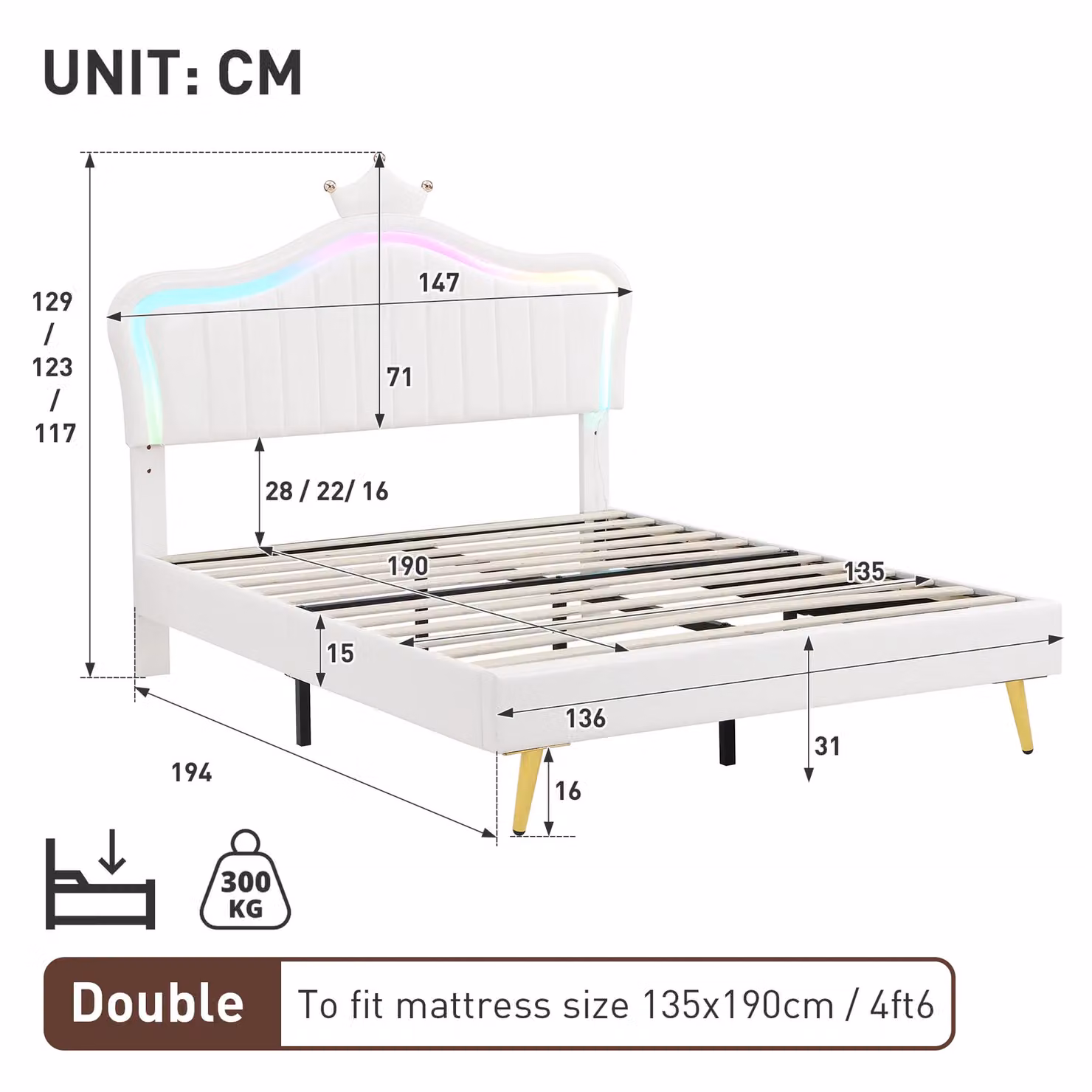 Matteo Double Cream White PU Leather Upholstered LED Adjustable Crown Headboard Bed Frame W/D/H: 140 x 200 x 135 cm – 2