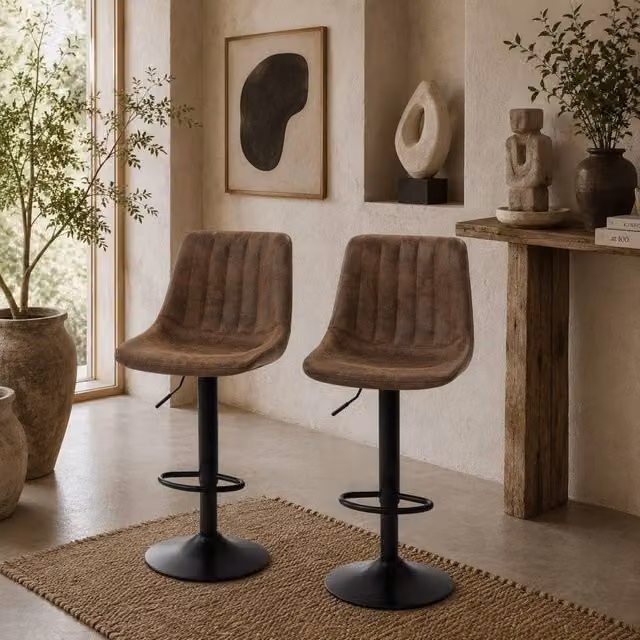 Wyld Haus Rafava Set of 2 Adjustable Brown Faux Leather Breakfast Bar Stools – 1