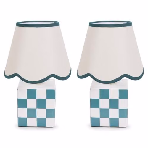 ValueLights Pair of Green Ceramic Cube Table Lamps with Fabric Scallop Shades – 1