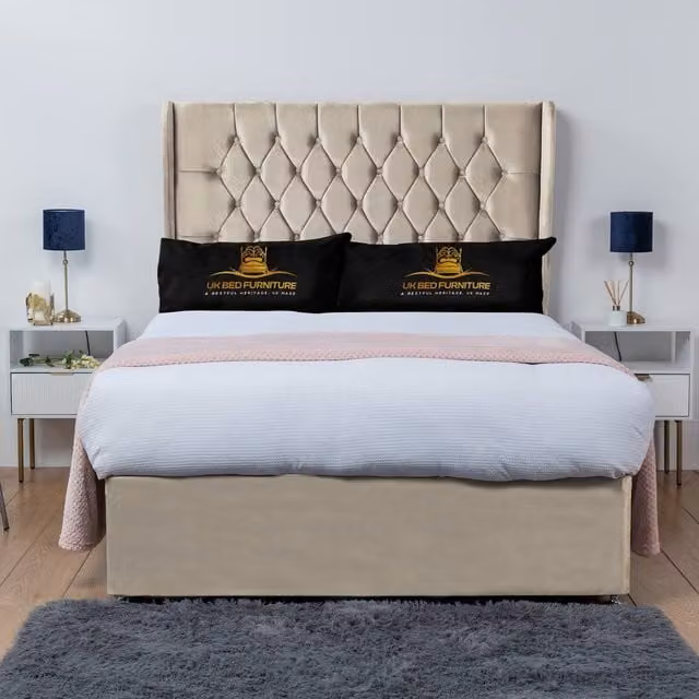 UK Bed Furniture Mary Winged Divan Bed Base with 54 Inch Buttoned Headboard in Cream Velvet, Super King, W/D/H: 200 x 200 cm