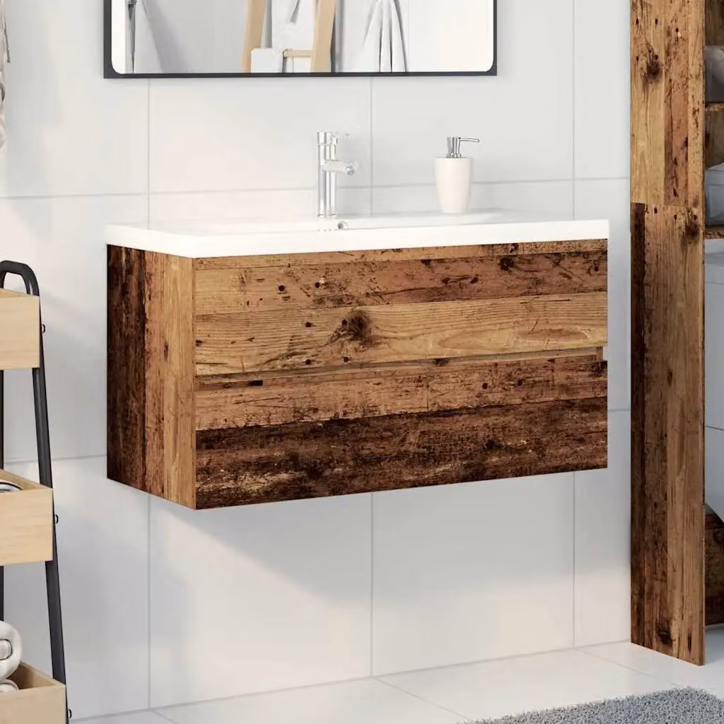 Berkfield Home Rustic Wall Mounted Sink Cabinet with Built-in Basin and Faucet in Brown Old Wood – 2