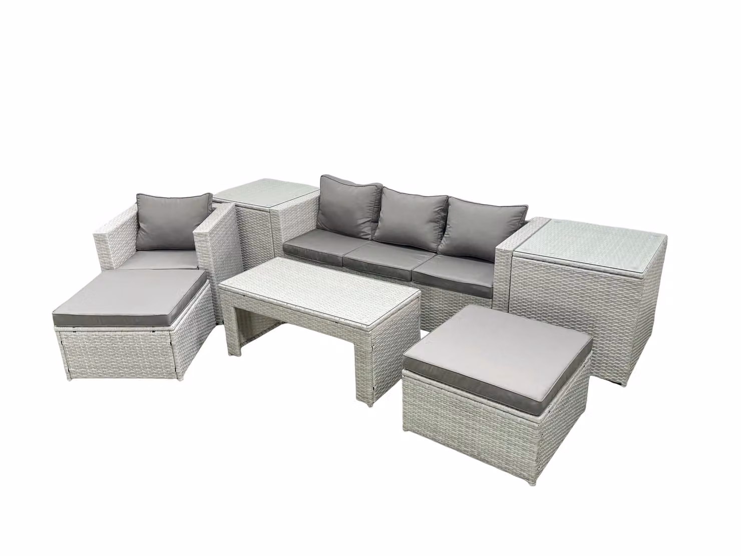 Fimous 6 Seater Outdoor Rattan Garden Furniture Set with Grey Cushions, 2 Large Footstools, Coffee Table and 2 Side Tables – 2