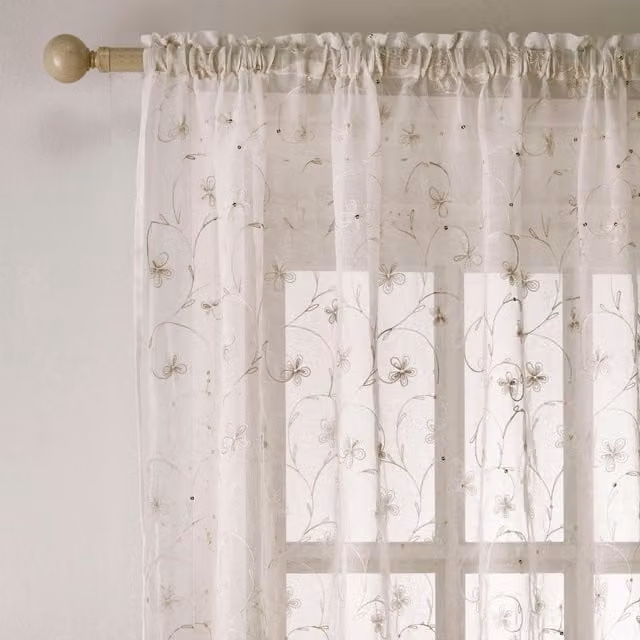 Terrys Cream Floral Single Voile Fabric Panel Curtain with Rod Pocket