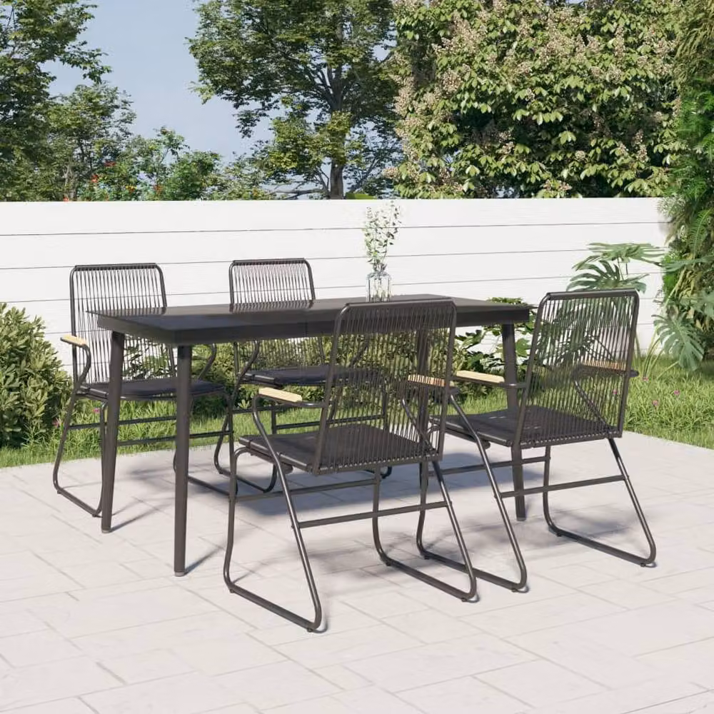 Berkfield Home 5 Piece Black PVC Rattan Garden Dining Set with Glass Top Rectangular Table – 2
