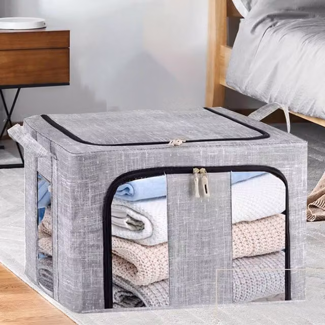 Ventryn 3 Piece Folding Storage Box Set, 66L Grey Fabric Wardrobe with Steel Frame – 1