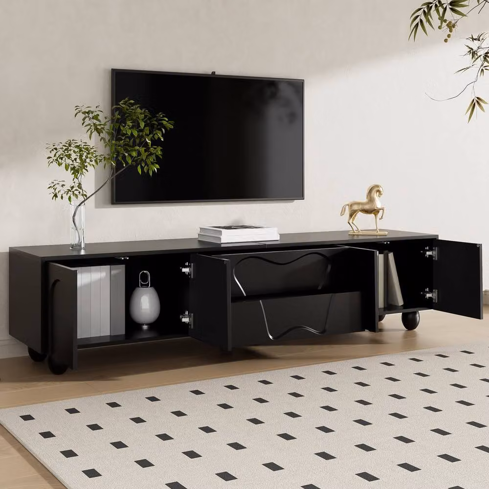 Merax Modern Black TV Lowboard with Curved Doors, Drawers and Solid Wood Legs, W: 180 cm, D: 40 cm, H: 42 cm – 3