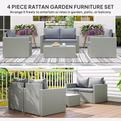 Outsunny 4 Piece Rattan Garden Furniture Set in Light Grey with Upholstered Cushions and Powder Coated Steel Frame – 3