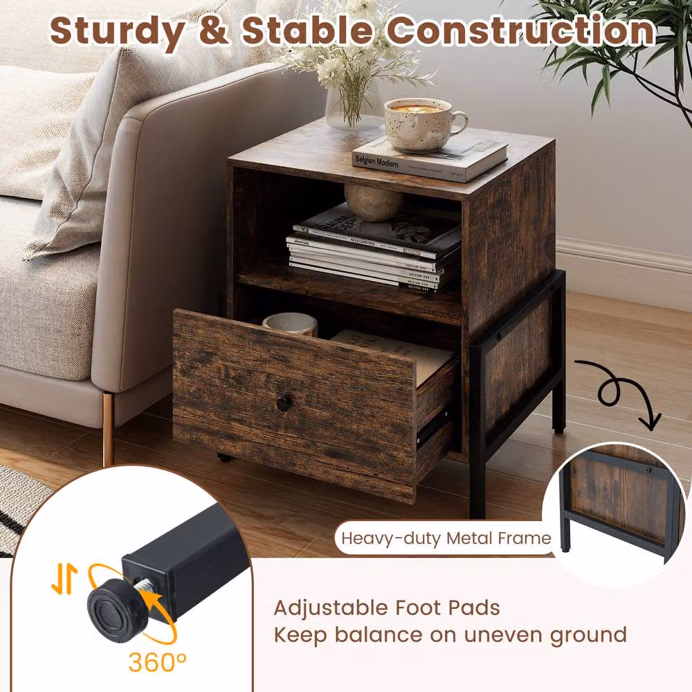 Costway 3-Tier Bedside Table with Drawer and Open Storage Shelf in Brown – 5