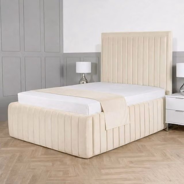 Living Comfort Bedz Saint Germain Single Upholstered Velvet Gas Lift Storage Bed in Beige