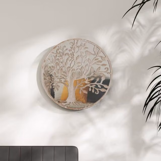 Berkfield Home Round Metal Wall Mirror in Sand Beige, Diameter: 40 cm, Depth: 2.5 cm – 1