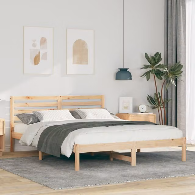 Berkfield Home Solid Pine Wood Bed Frame with Headboard, Brown, W: 140 cm, L: 200 cm – 1