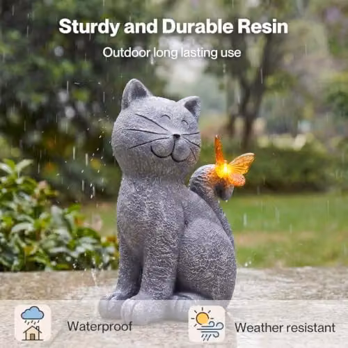 Emitto Solar LED Cat Garden Ornament in Grey and Orange Resin – 4