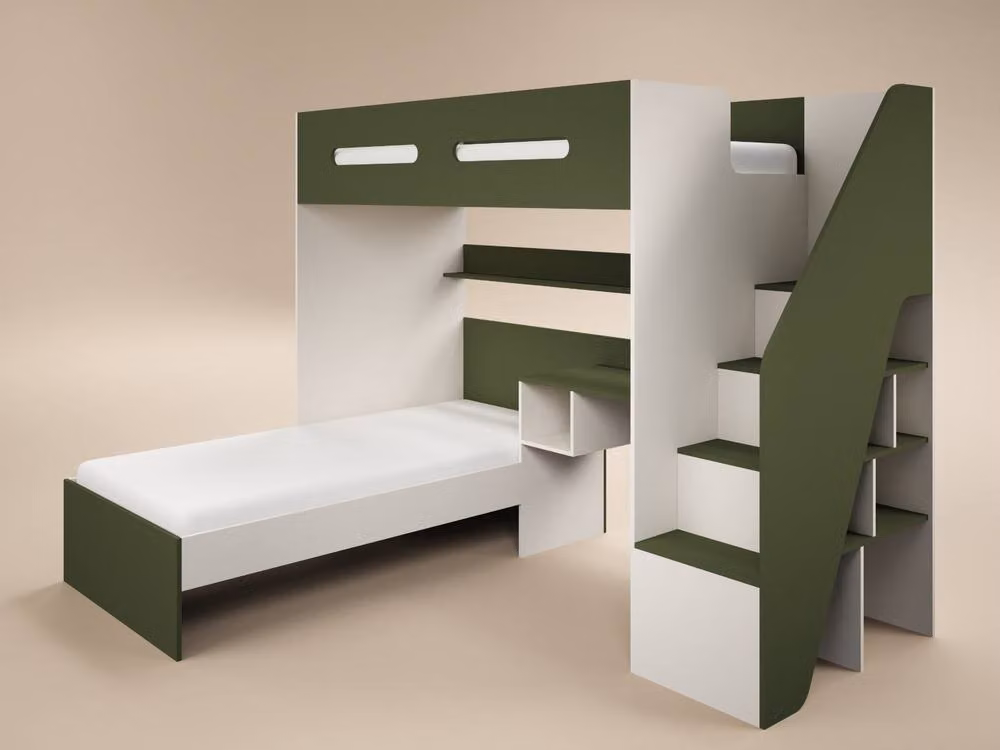 Flair Alpha Modern Two-Level Bunk Bed with LED Under-Bed Lighting and Stairs in Beige and Green, W/D/H: 200 x 90 x 180.1 cm – 3