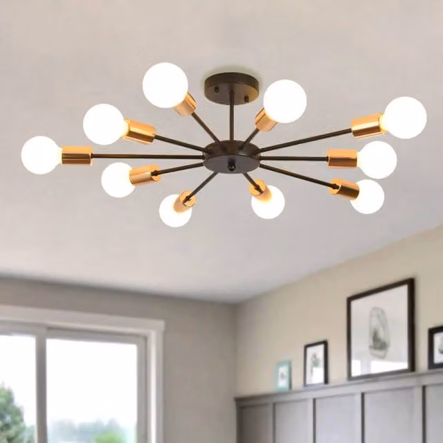 NIVOR 10-Light Industrial Mid-Century Flush Mount Ceiling Chandelier in Black