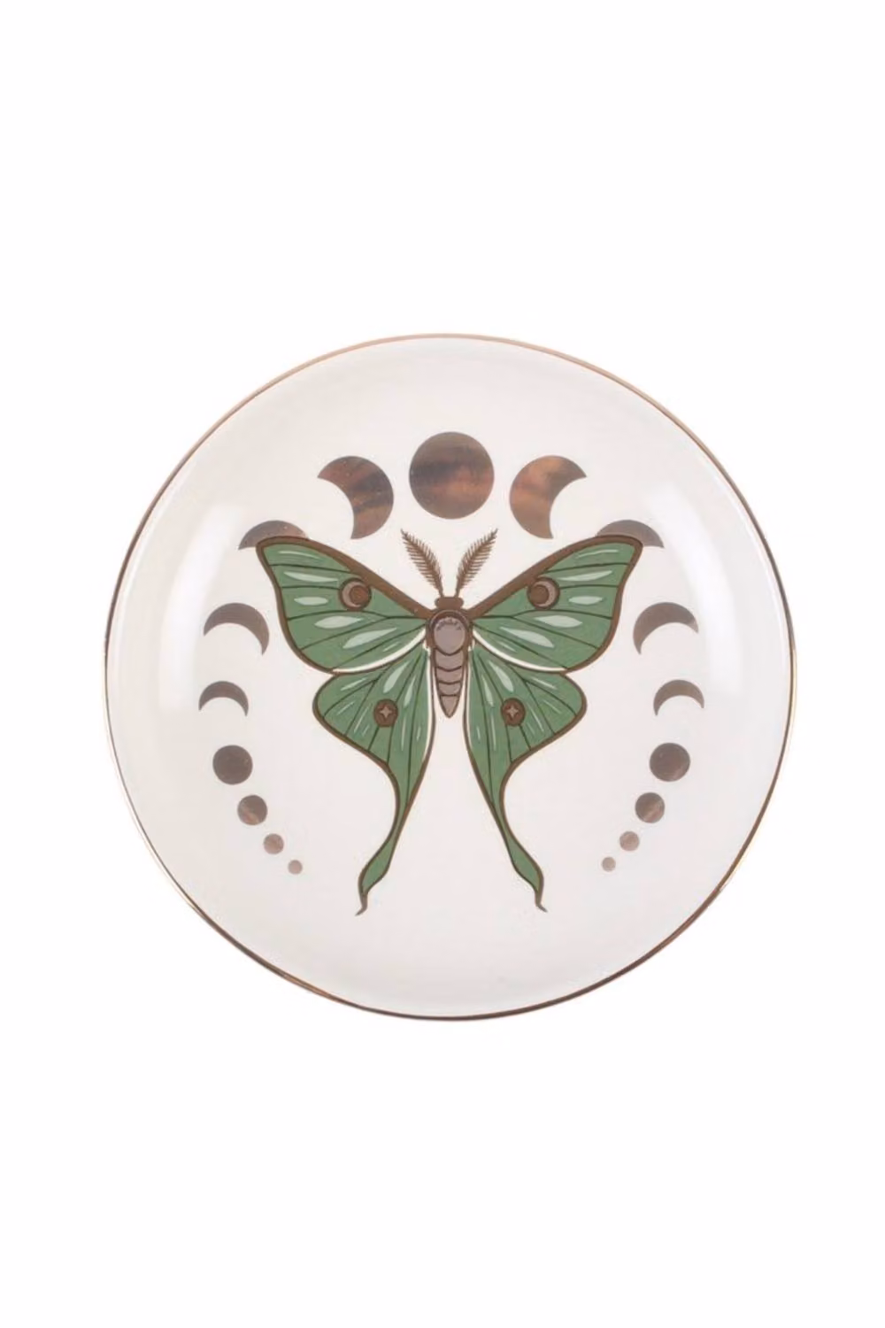 KDMD Round Ceramic and Metal Moonphase Moth Trinket Dish in White and Green – 2