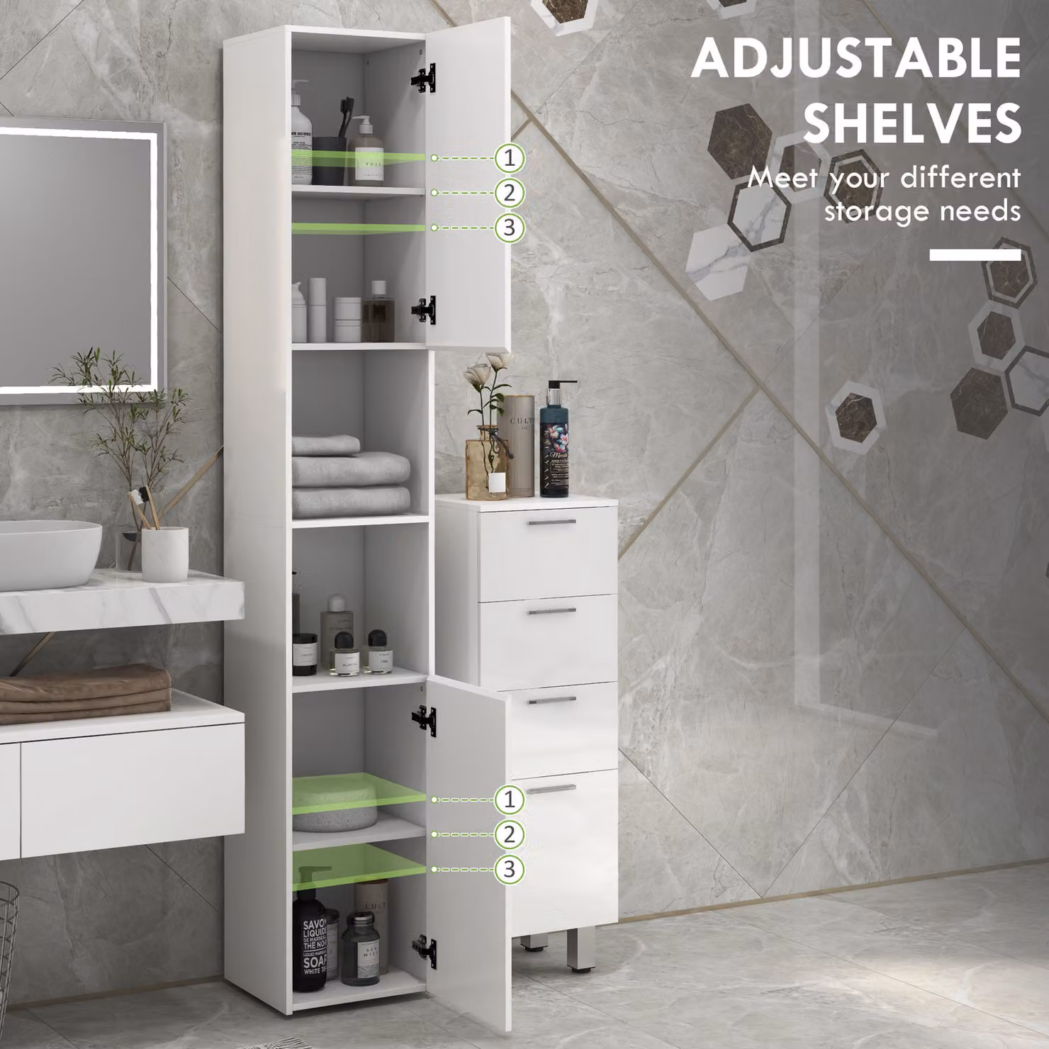 Kleankin HOMCOM Modern Glossy White Freestanding Bathroom Cabinet with LED Lighting and Internal Shelves – 2