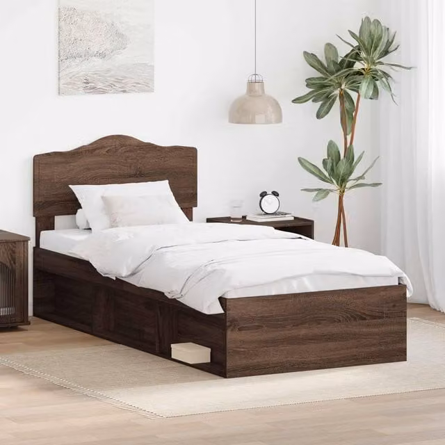 Berkfield Home Modern Bed Frame with Headboard and Drawers in Brown Oak and Solid Pine Wood, W: 75 cm, L: 190 cm