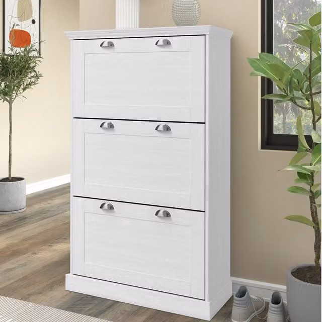 Dorel Home Motala 3-Tier White Shoe Chest with Tilting Compartments
