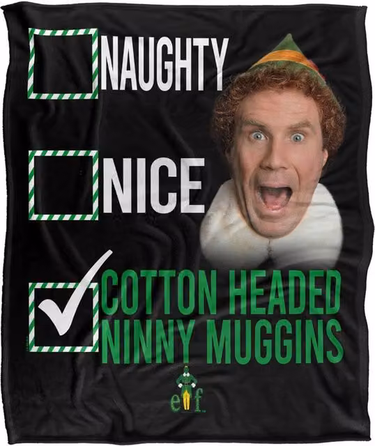 Warner Bros. Elf Not Naughty Not Nice Christmas Throw Blanket, Multicolour and Black, Large, Fluffy Polyester