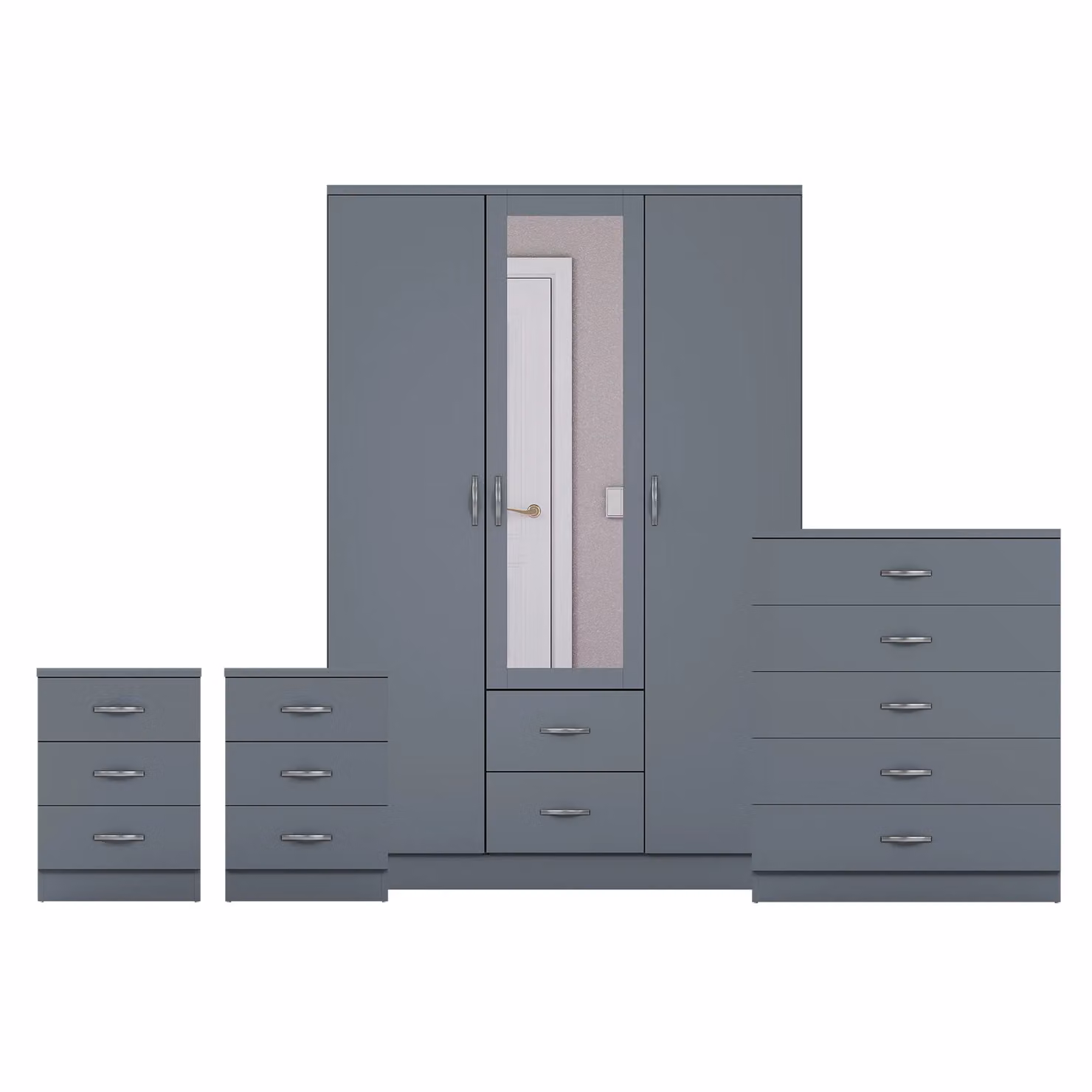Vida Designs 4 Piece Grey Bedroom Set Including 2 Bedside Tables, 5 Drawer Chest and 3 Door Mirror Wardrobe – 2