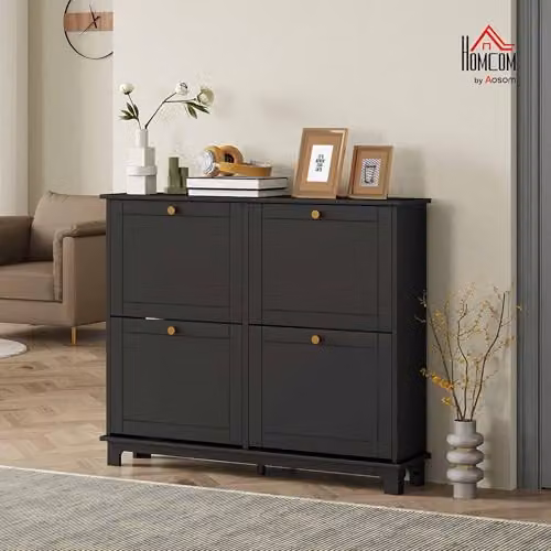 HOMCOM Modern Narrow Shoe Storage Cabinet with Tilting Compartments and Internal Shelves, Black and Gold – 2