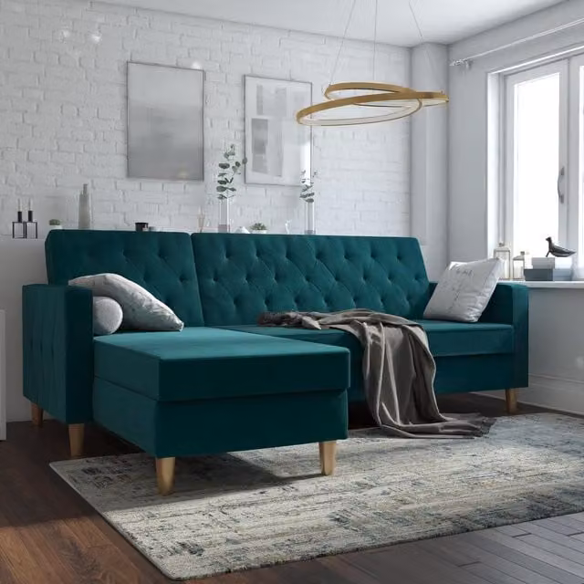Dorel Home CL Liberty Green Velvet L-Shape Sectional Sofa Bed with Scatter Cushions