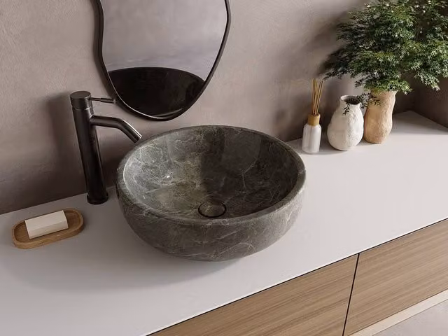 Vente-unique Round Black Marble Countertop Basin, Diameter: 40 cm, Height: 15 cm – 1
