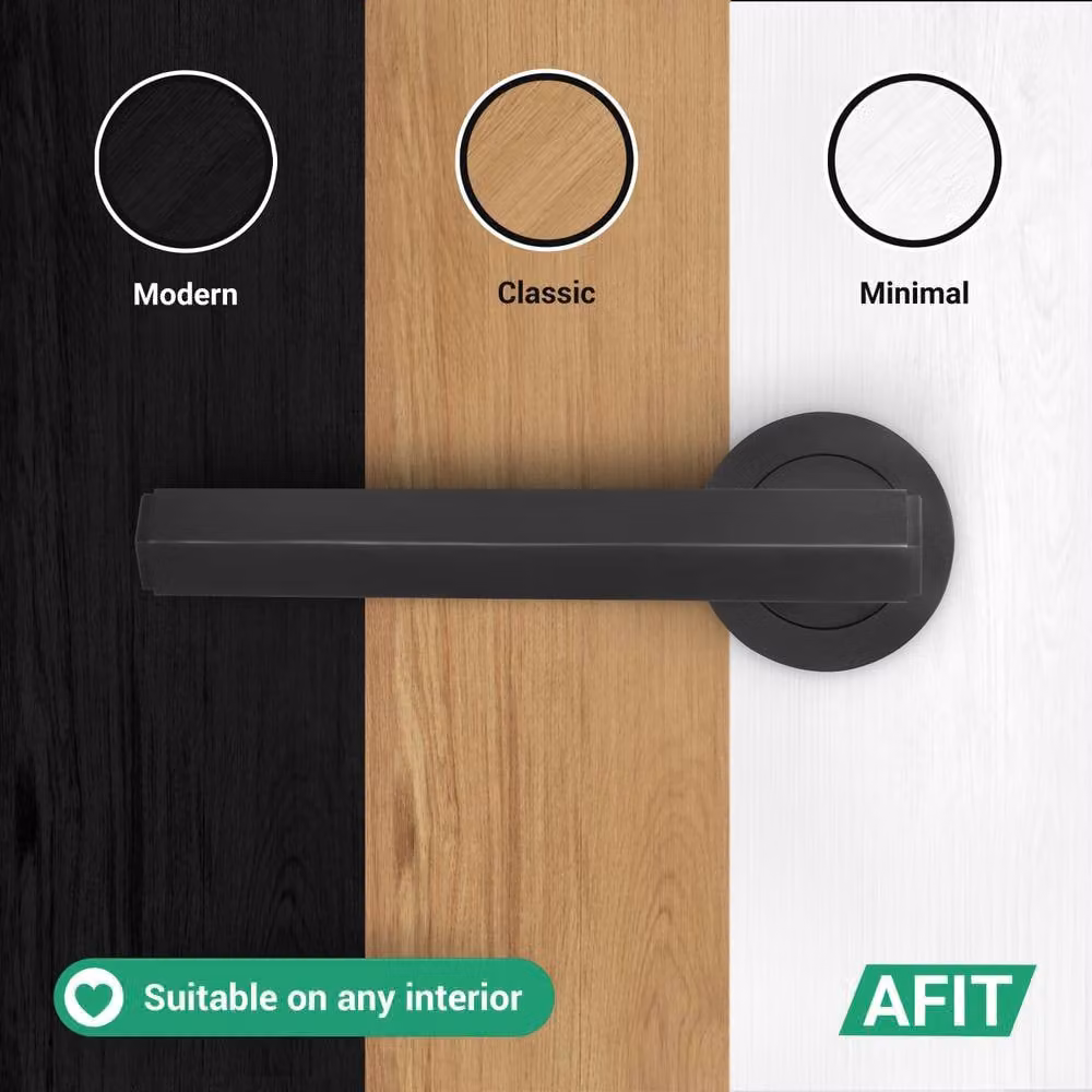 AFIT Matt Black Aluminium Fire Door Handle and Bathroom Lock Set with Hinges – 6