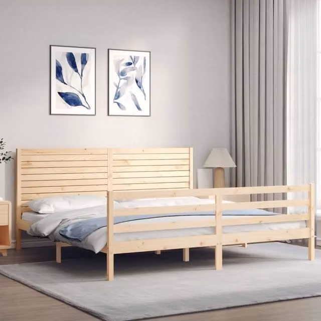 Berkfield Home Beautiful Bed Frame with Headboard in Natural Solid Pine, W/D/H: 200 x 200 x 205.5 cm – 1