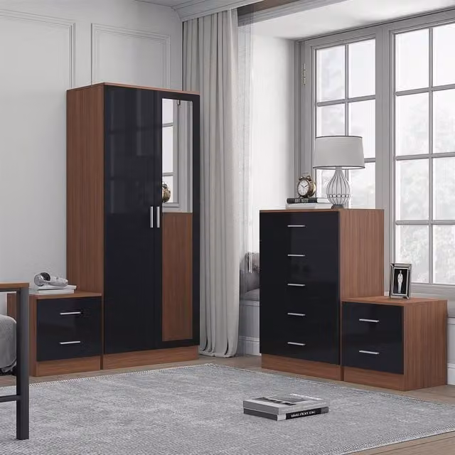 Reflect Modern Bedroom Furniture Set in Black Gloss and Walnut Finish, including 2 Door Mirror Wardrobe, Tallboy Chest and 2 Bedside Tables – 1