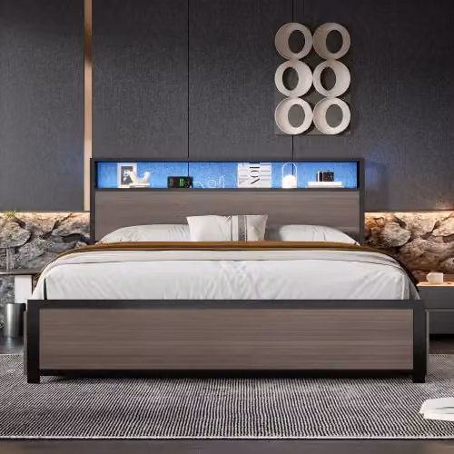 Matteo Metal Double Bed in Grey with 4 Drawers, LED Light Strip, 2 USB and 1 Type C Ports, W/D/H: 140 x 200 x 105 cm – 2
