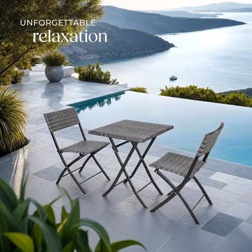 tectake 3 Piece Bistro Set with Foldable Poly Rattan Chairs and Square Table in Grey – 8