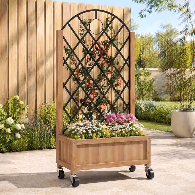STILVORA Brown Wooden Raised Planter with Steel Trellis and Wheels