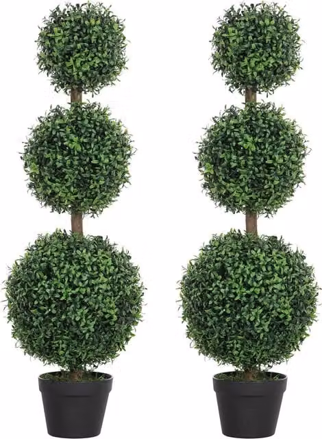 HOMCOM Set of 2 Green Artificial Topiary Ball-shaped Boxwood Trees in Concrete Pots, Height: 100 cm