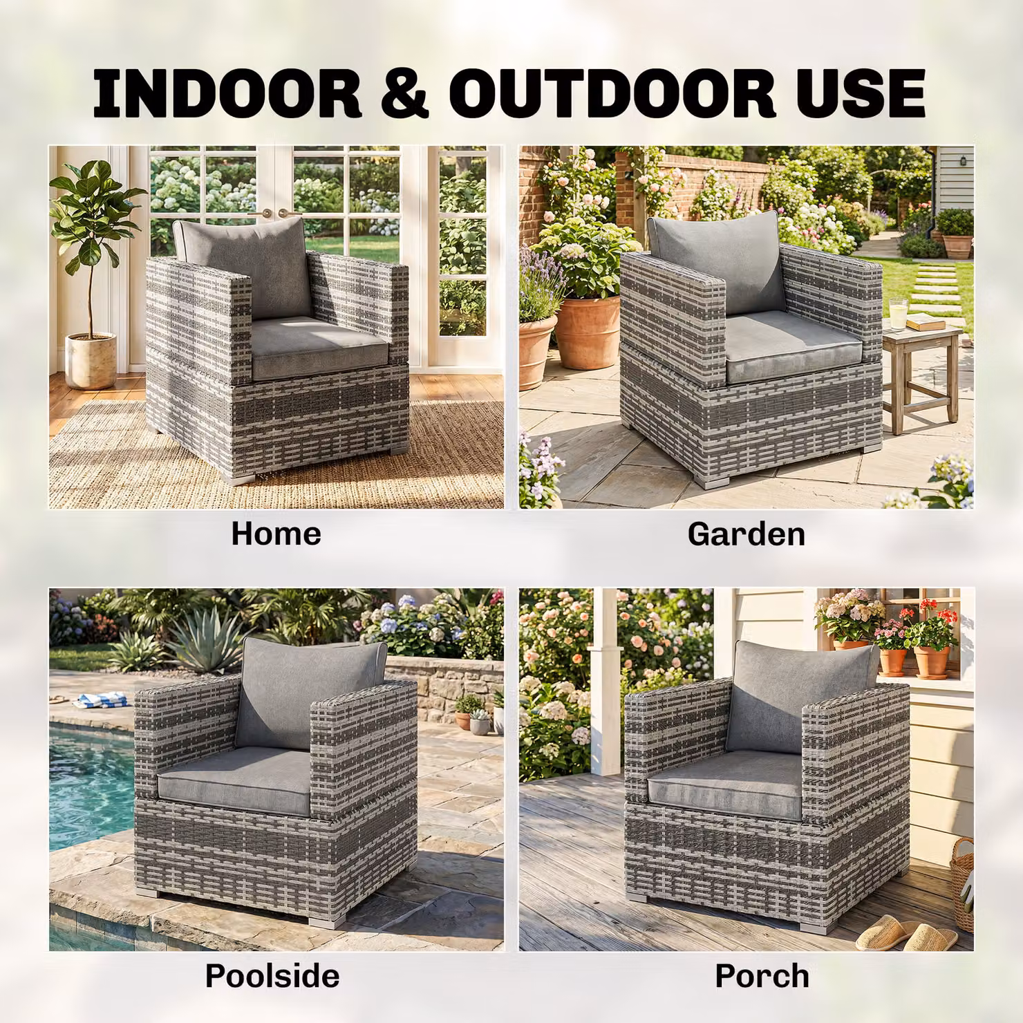 Outsunny Grey Single Rattan Outdoor Patio Sofa Chair with Padded Cushion for Garden or Balcony – 4