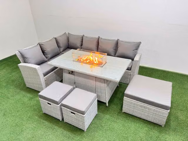 Fimous 9 Seat Rattan Garden Furniture Corner Sofa Set with Gas Fire Pit Table and 3 Footstools in Light Grey