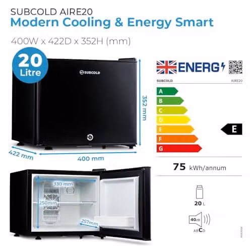 Subcold Aire20 LED Mini Fridge, 20L Thermoelectric Countertop Model with Interior LED Light and Lockable Solid Door, Black – 5