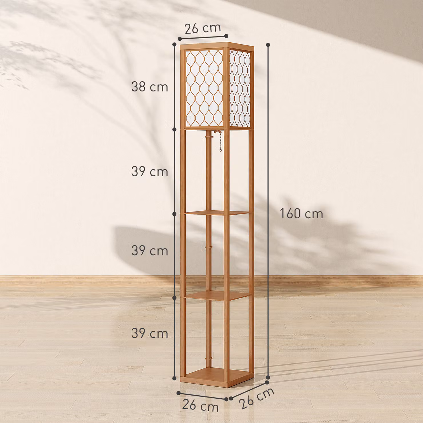 HOMCOM Three-Shelf Standing Floor Lamp in Natural Wood with White Fabric Shade – 3