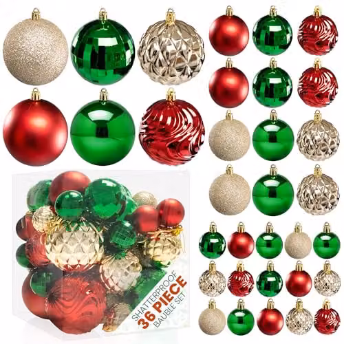 Pelle & Sol 36-Piece Shatterproof Christmas Bauble Set in Red, Green and Gold